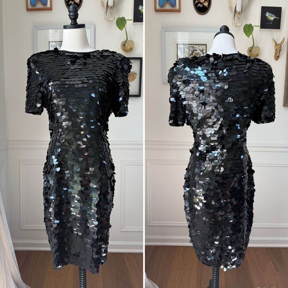 Vintage 80s 90s AJ Bari Black Paillette Sequin Dress 10